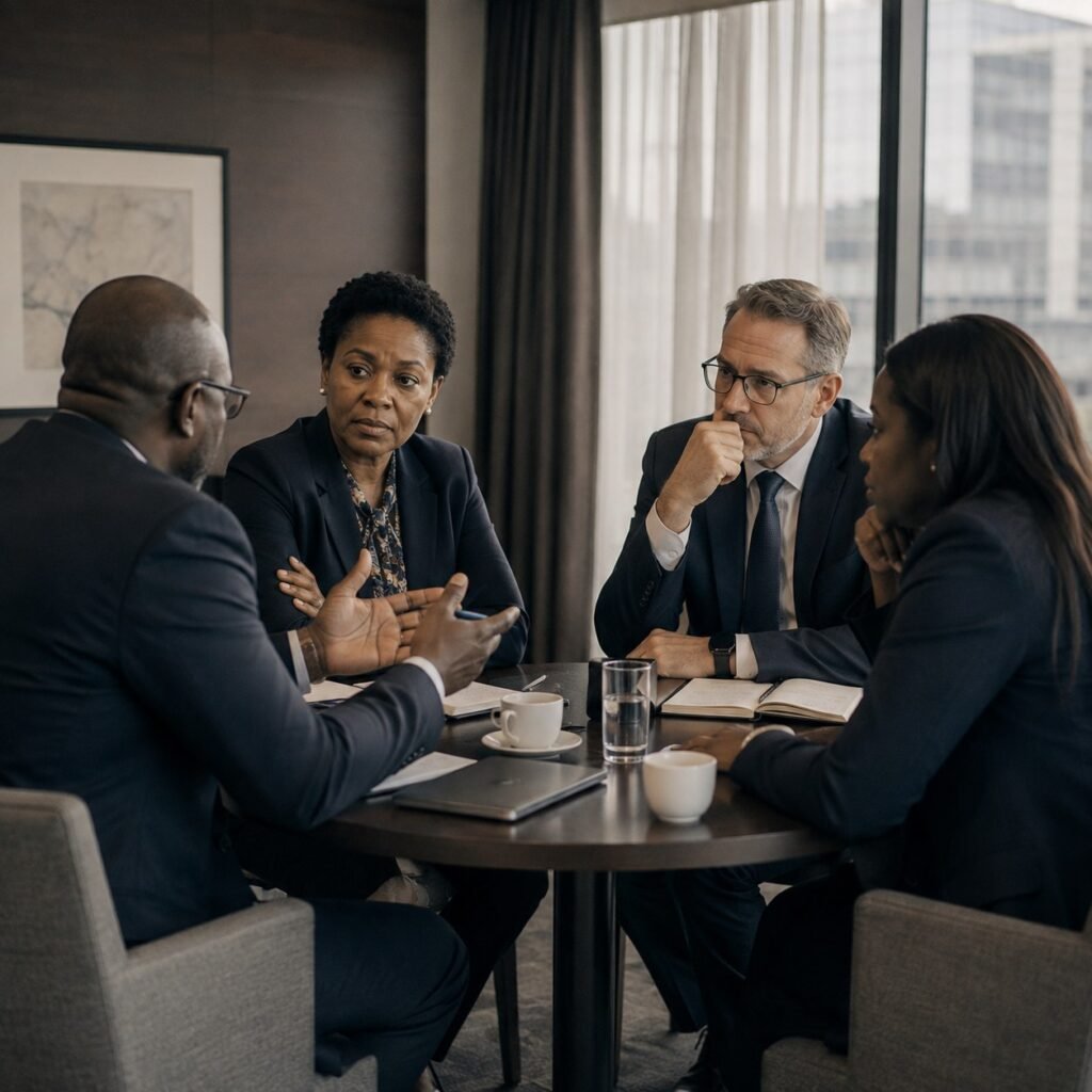 Four senior executives in an unresolved discussion around a table