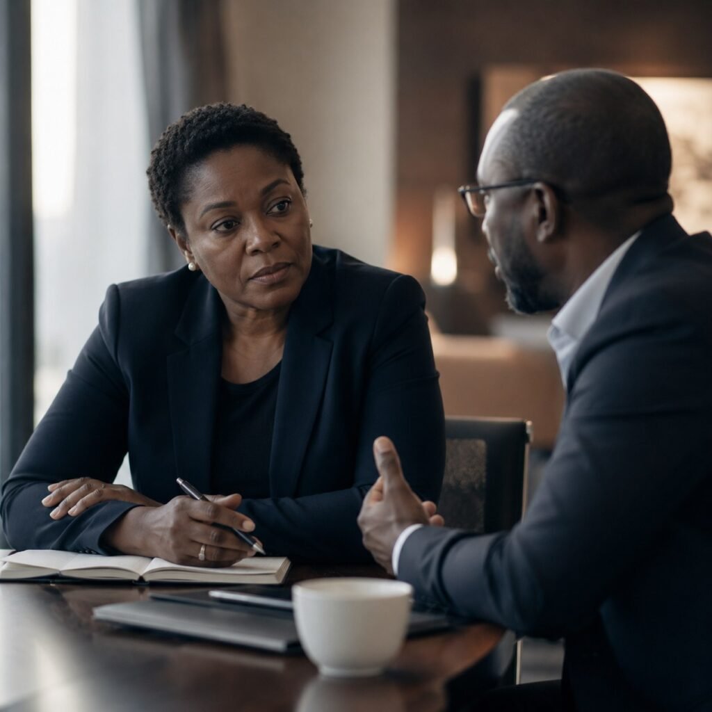 Two senior professionals in a focused one to one conversation